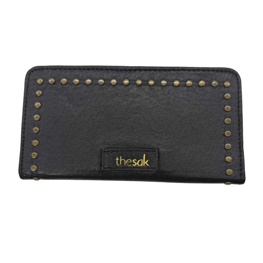 The Sak Black Leather Studded Bifold Slim Wallet Brass Accents Boho Organizer